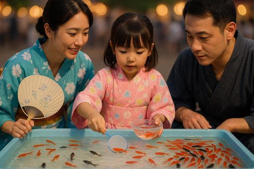 夏祭りの夜店で金魚すくい 夏祭りの夜店で金魚すくいの写真
