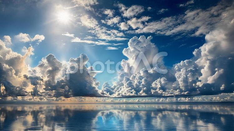 海に反射する青空と白い雲 青空,海,雲の写真素材