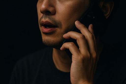 電話をかける男性の口元 電話をかける男性の口元の写真