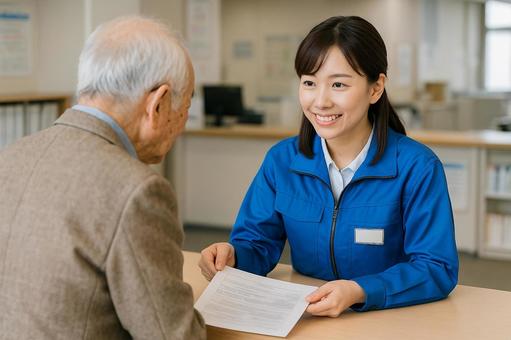 高齢者に案内を行う行政職員 高齢者に案内を行う行政職員の写真