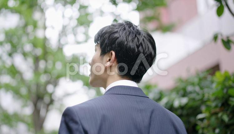 新緑の中で背中を向けて悩むビジネスマン　 ビジネスマン,男性,落ち込むの写真素材