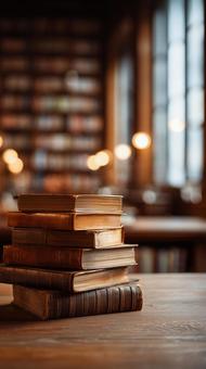 クラシック図書館に積まれた古い革装丁本 クラシック図書館に積まれた古い革装丁本の写真