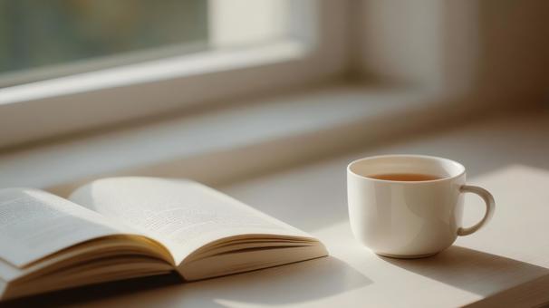 窓辺で本と紅茶を楽しむ静かな朝_1 窓辺で本と紅茶を楽しむ静かな朝_1の写真