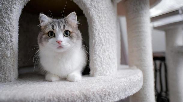 キャットタワーでくつろぐ猫・マンチカン キャットタワーでくつろぐ猫・マンチカンの写真