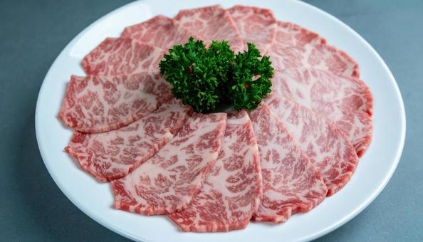 白い皿に敷き詰められた焼肉用のスライス肉 白い皿に敷き詰められた焼肉用のスライス肉の写真