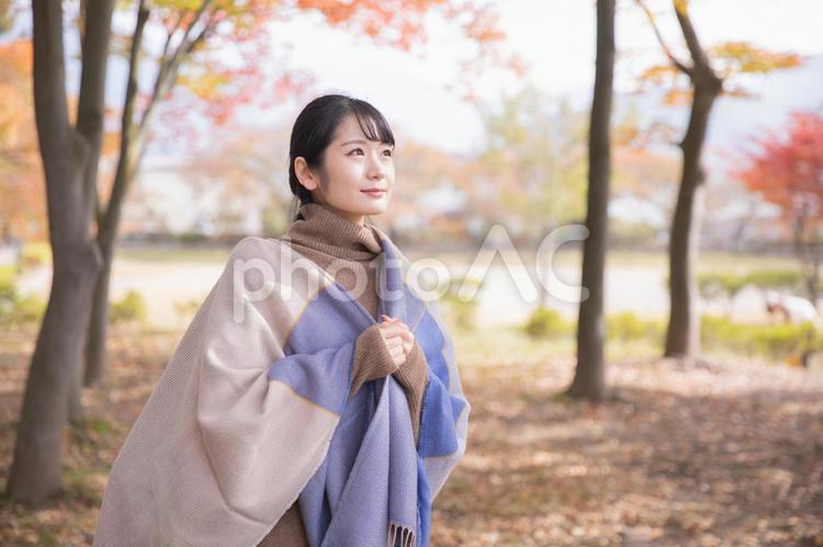 紅葉狩り・秋の訪れを感じる女性 テレワーク,ノートパソコン,リモートワークの写真素材