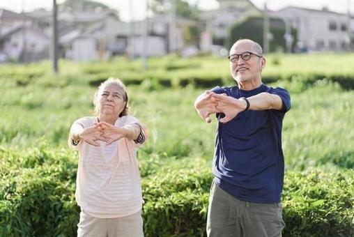 Elderly people doing preparatory exercises outside, senior citizens, movement, evening, JPG