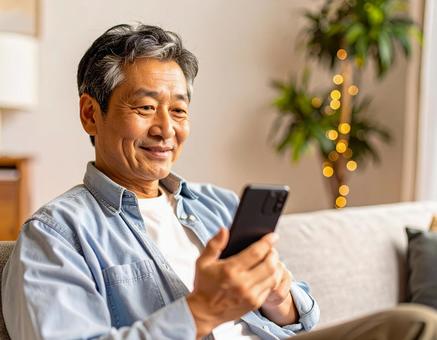 自宅でスマホを操作するシニア男性の写真