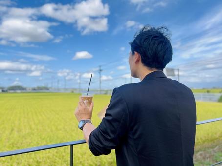 田んぼが見えるカフェ 男性 田んぼが見えるカフェ 男性 田んぼが見えるカフェ,カフェ,男性の写真素材