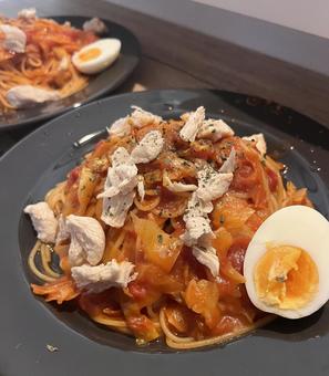 トマトパスタ ご飯,夜ごはん,手作りの写真素材