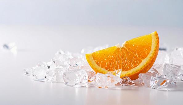 オレンジ一切れと氷の写真