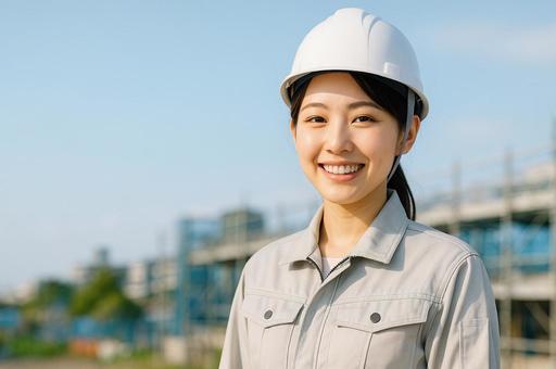 建設現場での笑顔の女性の写真