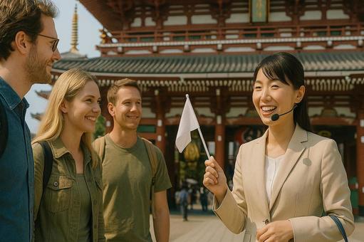 Smiling foreign tourists guided by an interpreter guide to Sensoji Temple, asakusa, kaminari gate, sensoji temple, JPG