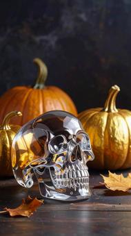 クリスタルスカルヘッドとゴールドカボチャの写真