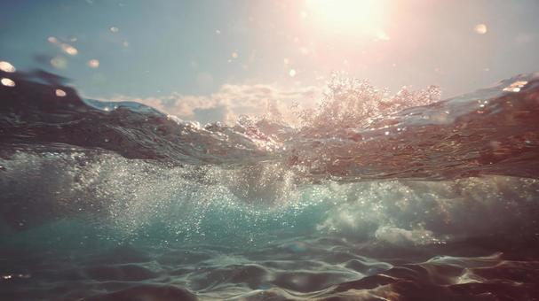 青空と水しぶき:水中からの爽快な眺め 青空と水しぶき:水中からの爽快な眺めの写真