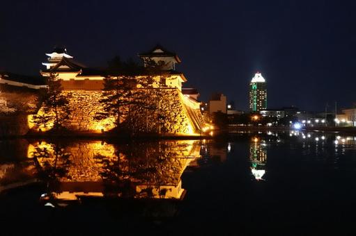 夜に輝く今治城 今治城,愛媛県,今治の写真素材