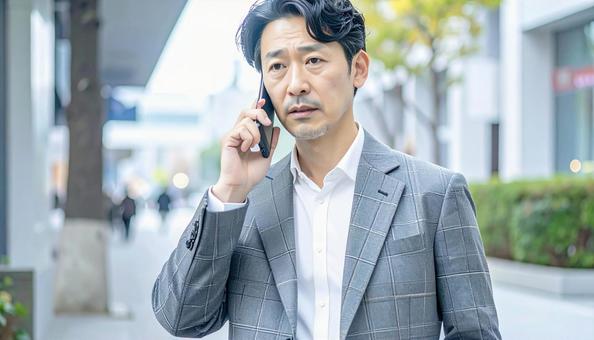 困った表情で電話する中年 困った表情で電話する中年の写真