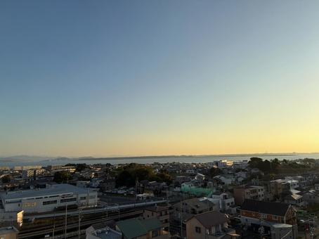 浜名湖の夜明け 浜名湖,朝の風景,街並みの写真素材
