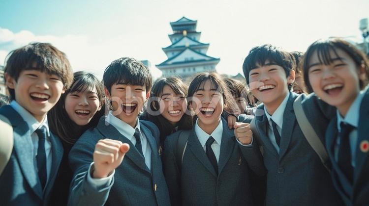 修学旅行で集合写真を撮る高校生たち 修学旅行,高校生,記念撮影の写真素材