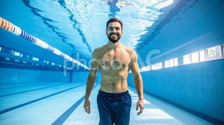 完全に水に浸かって歩く男性A 男性,笑顔,プールの写真素材
