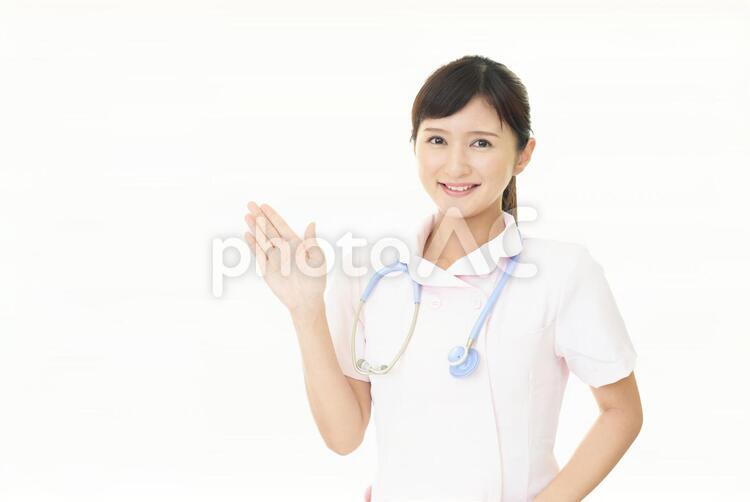 掌を見せる笑顔の看護師 女性,女,看護師の写真素材