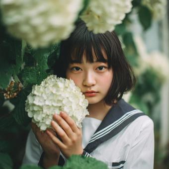 アジサイにそっと触れる日本の女子学生 アジサイにそっと触れる日本の女子学生の写真