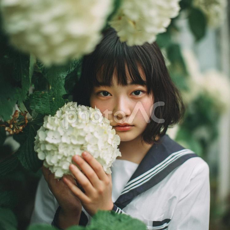アジサイにそっと触れる日本の女子学生 日本人,女の子,学生の写真素材