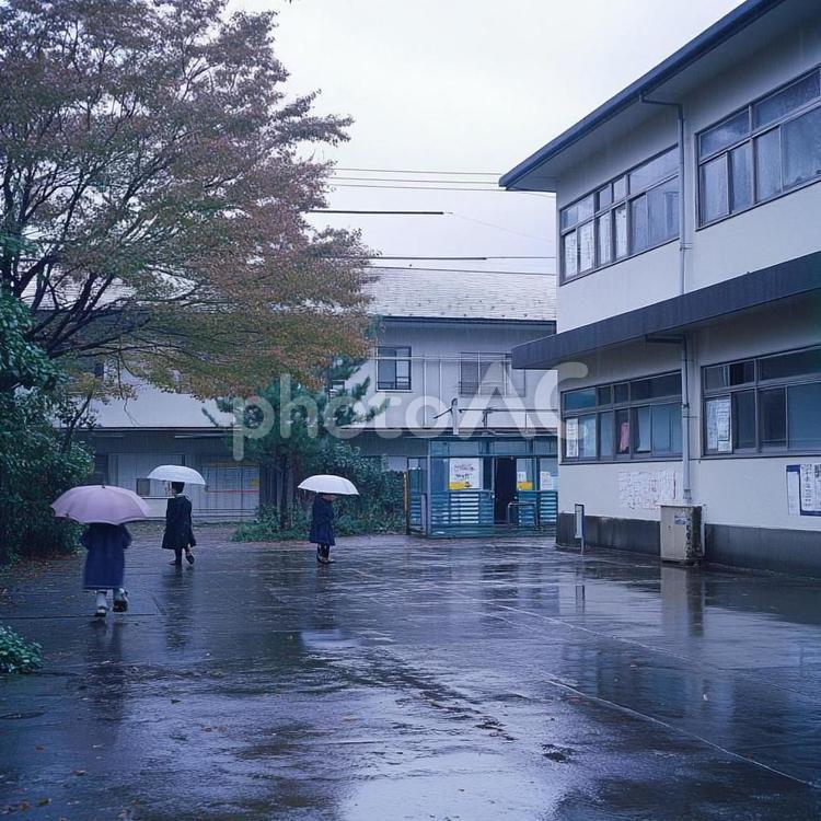 傘を差す学生たちと雨に濡れる校庭の風景 雨,梅雨,学校の写真素材