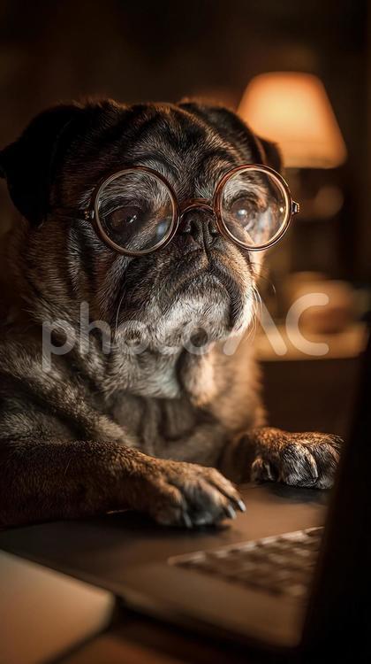メガネとパソコンのパグの組み合わせ パグ,犬,動物の写真素材