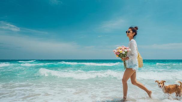 花束を抱え、ビーチで海を眺める美しい女性の写真