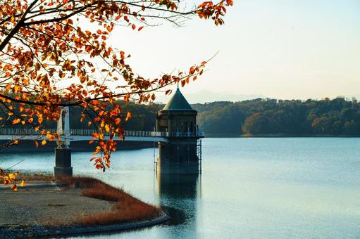 狭山湖の取水塔と紅葉 狭山湖,取水塔,紅葉の写真素材