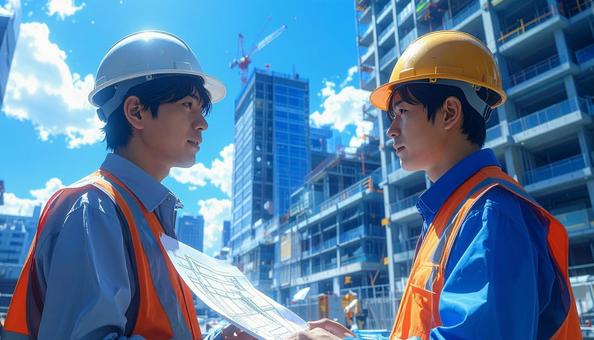 建築現場で図面を見ながら話す作業員 建築現場で図面を見ながら話す作業員の写真