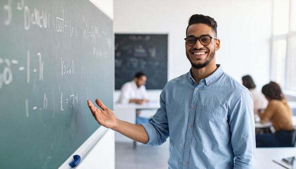 温かい笑顔で授業を導く若い教師 温かい笑顔で授業を導く若い教師の写真