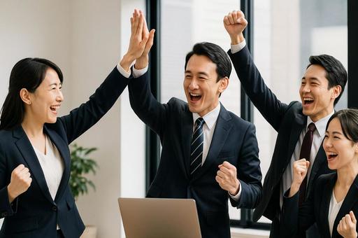 成功を喜び合いハイタッチ ビジネスチームの写真