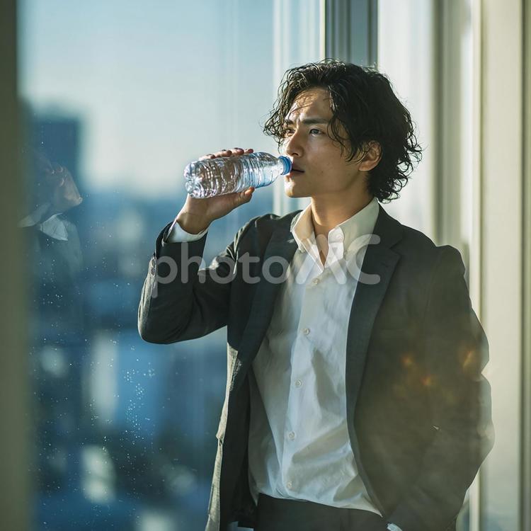 窓際で水分補給する日本人男性 日本人,ビジネスマン,男性の写真素材