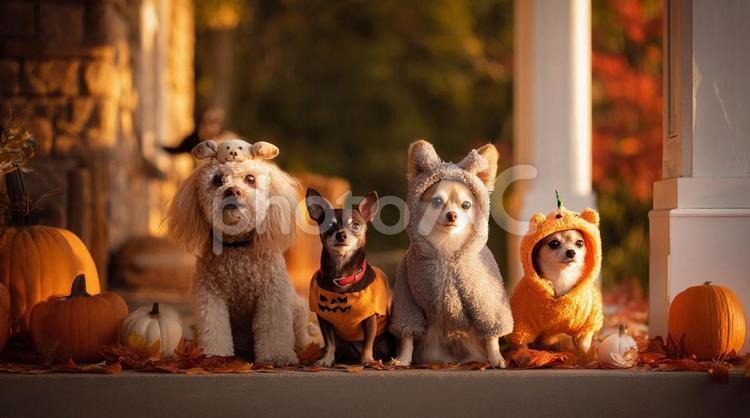 秋色の中で仮装する犬たち・小型犬・ペット ハロウィン,仮装,犬の写真素材