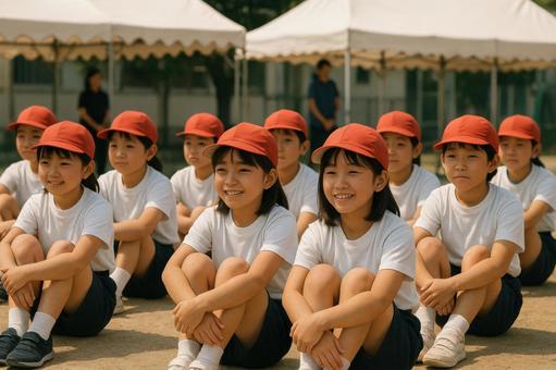体育座りで出番を待つ小学生たち 体育座りで出番を待つ小学生たちの写真