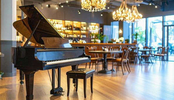 ピアノが置かれたカフェ店内の写真