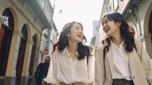 海外旅行中に笑顔で散策する女友達 海外旅行中に笑顔で散策する女友達の写真