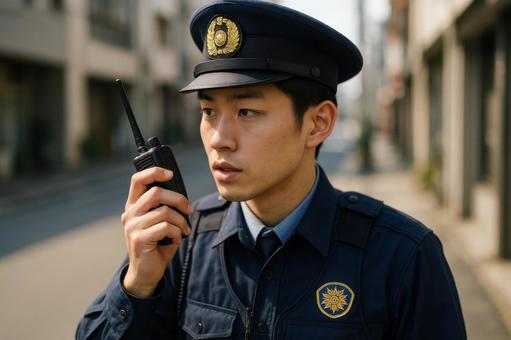 無線機を操作する若い警察官の写真