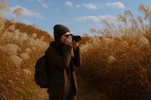 秋の風景の写真を撮る人物 秋の風景の写真を撮る人物の写真