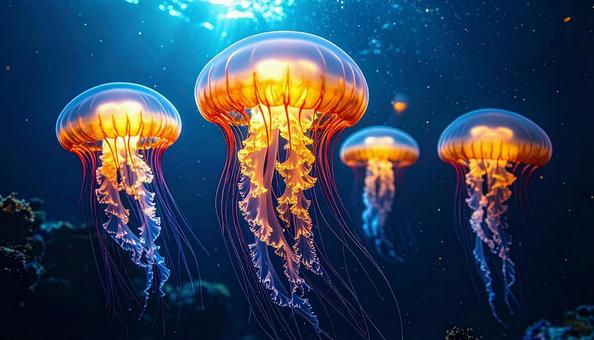 光を放つ幻想的なクラゲの群れ 光を放つ幻想的なクラゲの群れの写真