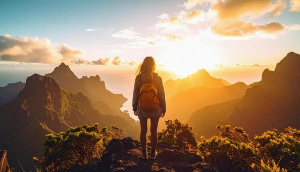 山頂の山道を歩く女性のシルエット 山頂の山道を歩く女性のシルエットの写真