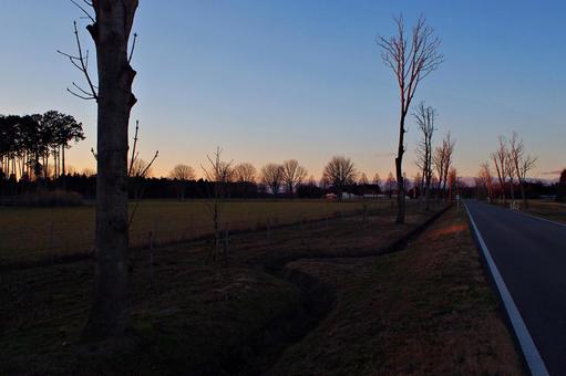 北関東の田舎のたそがれ たそがれ,残照,入日の写真素材