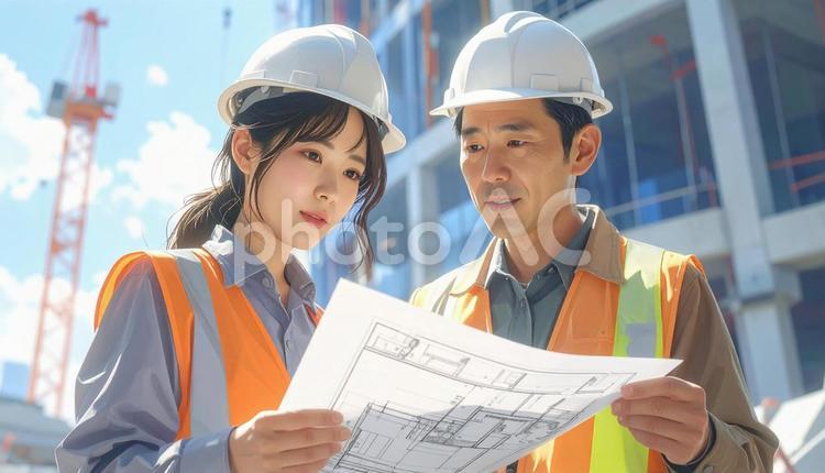 建築現場で図面を見ながら話す作業員 建築現場,工事現場,作業員の写真素材