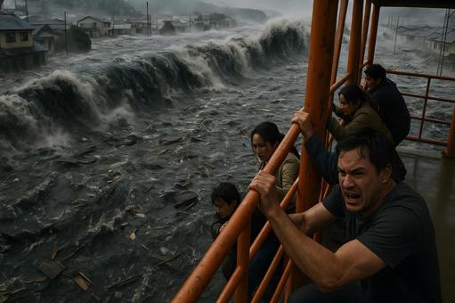 押し寄せる波と避難 押し寄せる波と避難の写真