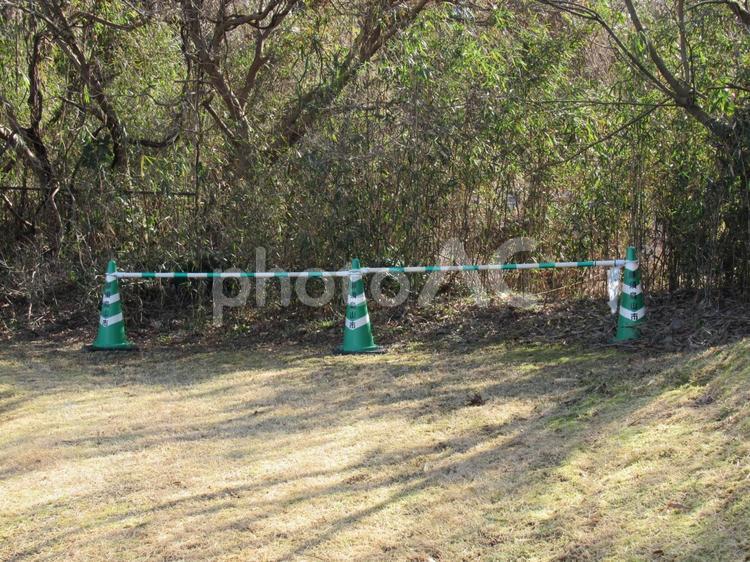 公園の片隅・通行禁止の三角ポールとバー 公園,芝生,草地の写真素材