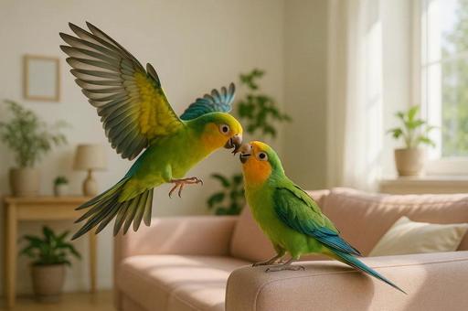 ソファの上でじゃれるオウム ソファの上でじゃれるオウムの写真