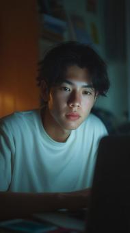深夜にパソコンで集中して作業する若い男性の写真