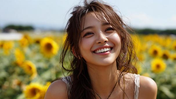 向日葵畑で笑顔を見せる日本人女性 向日葵畑で笑顔を見せる日本人女性の写真